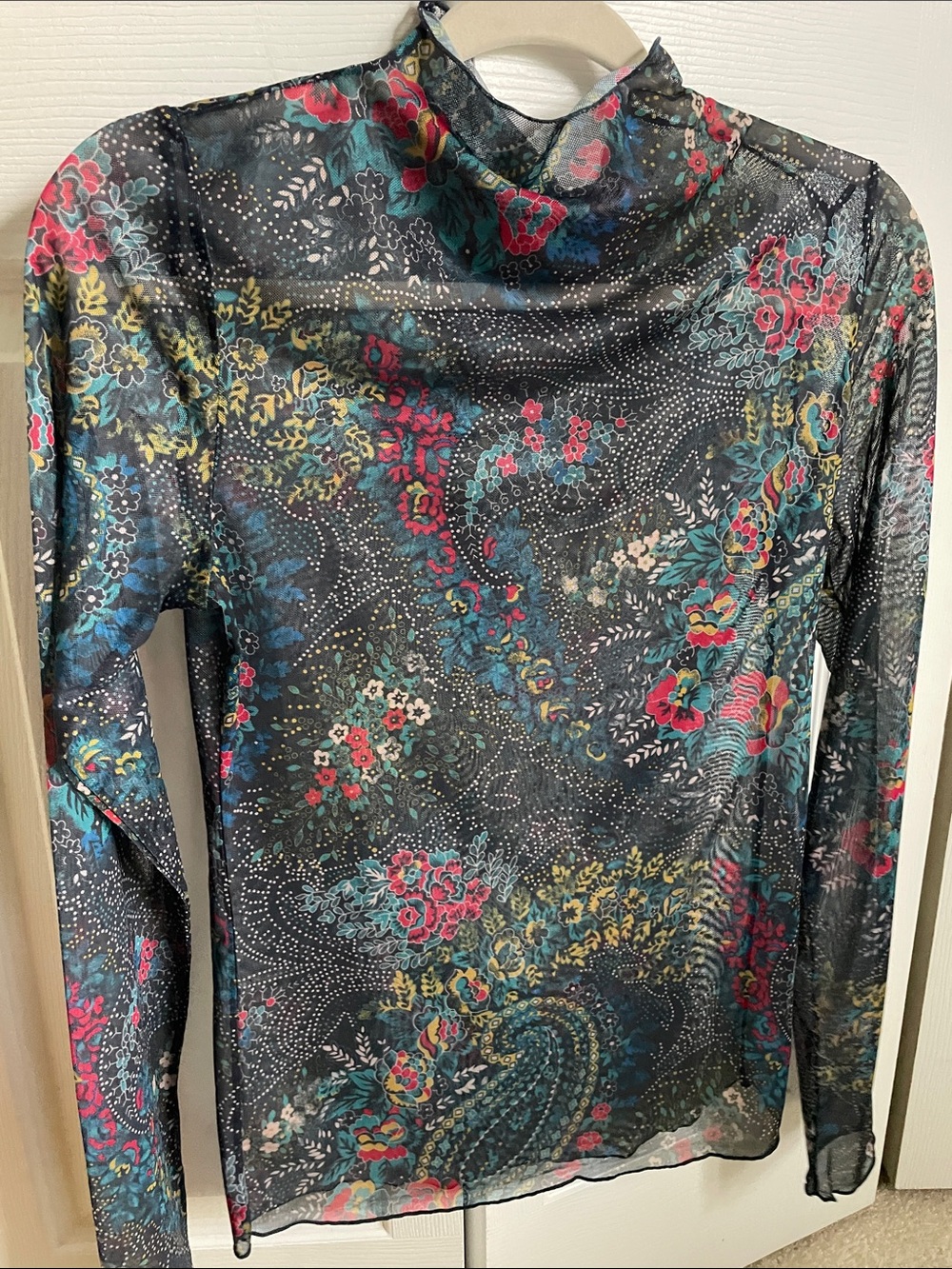 NATURAL LIFE Black Floral Mesh Long-Sleeve Top with Teal & Pink Accents - Picture 3 of 6